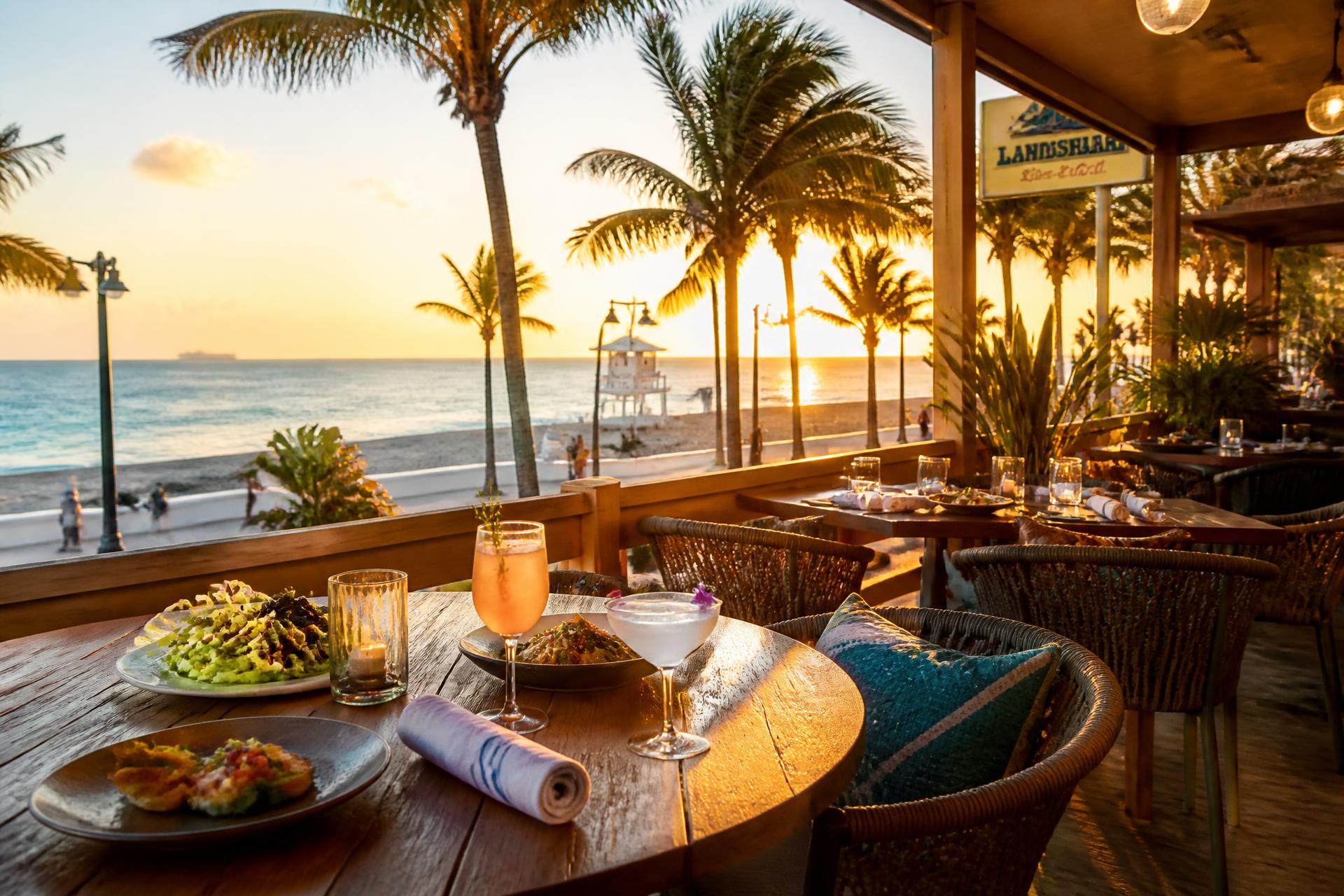 Oceanfront dining terrace at Talula on Hollywood Beach at sunset